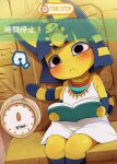  2023 animal_crossing ankha_(animal_crossing) anthro blush book clock clothed clothing dagasi digital_media_(artwork) disembodied_hand domestic_cat duo english_text felid feline felis first_person_view fur hair hi_res holding_object mammal nintendo sitting solo_focus stopwatch text watch 