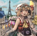  1girl antique_phone ascot blonde_hair blue_sky blush building cloud cloudy_sky column commentary_request crystal cup day drinking_glass eiffel_tower elbow_gloves fang flandre_scarlet flower glass gloves hat hat_ribbon holding house looking_at_viewer mob_cap one_side_up open_mouth outdoors paris phone pillar plaid plaid_shirt plaid_vest plant red_eyes red_shirt ribbon rotary_phone scenery shirt short_hair side_ponytail skin_fang sky sleeveless smile solo touhou tree vest white_headwear window wings yellow_ascot yuyukosama17 