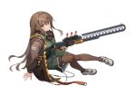  1girl assault_rifle blush breasts expressionless gun holding holding_weapon jacket light_brown_hair looking_at_viewer marfusha marfusha_(marfusha) medium_breasts pantyhose red_eyes rifle sitting solo takahashi_rodemu thigh_strap trigger_discipline weapon white_background 