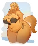  absurd_res anthro belly big_breasts big_butt bikini black_bikini black_clothing black_swimwear breasts brown_body brown_fur brown_hair bulging_breasts butt canid canine canis chubby_female clothing curvy_figure domestic_dog female fur hair hi_res huge_breasts huge_butt long_hair looking_at_viewer mammal overweight overweight_female skindentation smile solo swimwear tail thick_thighs utterangle voluptuous wide_hips 