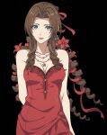  1girl aerith_gainsborough arm_behind_back bare_shoulders black_background breasts brown_hair cleavage cowboy_shot curly_hair dress drill_hair final_fantasy final_fantasy_vii final_fantasy_vii_remake flamenco_dress flower green_eyes hair_flower hair_ornament hair_ribbon jewelry kanata_(loser51) long_dress long_hair looking_at_viewer medium_breasts multiple_necklaces necklace official_alternate_costume parted_bangs red_dress red_flower red_ribbon ribbon ringlets sidelocks smile solo standing star_(symbol) star_necklace strapless strapless_dress 