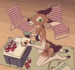  anthro autumndeer beach beach_chair beverage_can bikni breasts brown_body brown_fur clothed clothing cloven_hooves deer female fur green_eyes hooves kneeling looking_at_viewer mammal partially_clothed sand seaside solo 