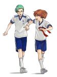  1boy 1girl aqua_eyes asymmetrical_bangs blue_shorts brown_eyes brown_hair clothes_writing full_body glasses green_eyes gym_uniform hand_up hands_up happy hikami_itaru holding holding_another&#039;s_wrist holding_ribbon kneehighs looking_at_another looking_back open_mouth outstretched_arm piyo profile protagonist_(tokimemo_gs2) pulling red_ribbon ribbon running shirt shoe_soles shoes short_hair short_sleeves shorts simple_background sneakers socks sweat tokimeki_memorial tokimeki_memorial_girl&#039;s_side_2nd_kiss white_background white_footwear white_shirt white_socks 