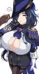  ... 1boy 1girl aether_(genshin_impact) ascot black_bow black_corset black_pantyhose black_skirt blue_ascot blue_cape blue_hair blue_headwear bow breasts cape cleavage clorinde_(genshin_impact) closed_mouth coin corset dark_blue_hair elbow_gloves epaulettes expressionless fold-over_gloves genshin_impact gloves hair_bow hair_over_one_eye hat hat_feather hella_p high-waist_skirt highres holed_coin huge_breasts hypnosis long_hair low_ponytail mind_control pantyhose partially_unbuttoned pencil_skirt purple_eyes shirt skirt solo_focus taut_clothes taut_shirt tricorne very_long_hair vision_(genshin_impact) white_background white_gloves white_shirt 