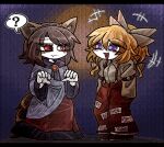  +++ 2girls ? animal_ears baggy_pants blonde_hair bow breasts brooch brown_hair brown_shirt closed_mouth collared_shirt colored_skin commentary cosplay dress expressionless fake_animal_ears fake_tail fang fang_out flat_chest fujiwara_no_mokou fujiwara_no_mokou_(cosplay) full_body grey_dress hair_between_eyes hair_bow hands_in_pockets hatching_(texture) high_ponytail highres imaizumi_kagerou imaizumi_kagerou_(cosplay) jewelry letterboxed long_bangs long_hair long_skirt long_sleeves looking_at_another maribel_hearn medium_bangs medium_hair mismatched_pupils multiple_girls ofuda ofuda_on_clothes open_mouth orange_outline pants pink_pupils purple_background purple_eyes red_eyes red_footwear red_pants red_skirt shirt shoes skin_fang skirt sleeve_garter small_breasts smile spoken_question_mark standing suenari_(peace) suspenders symbol-only_commentary tail touhou usami_renko white_bow white_skin wolf_ears wolf_tail 