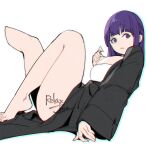  1girl black_jacket breasts fern_(sousou_no_frieren) hime_cut huge_breasts jacket long_hair open_clothes open_jacket parted_lips purple_eyes purple_hair relaxjon signature simple_background solo sousou_no_frieren thick_thighs thighs white_background 