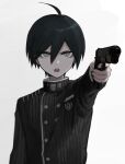  1boy ahoge black_hair breast_pocket brown_eyes buttons danganronpa_(series) danganronpa_v3:_killing_harmony double-breasted foreshortening gun hair_between_eyes handgun holding holding_gun holding_weapon jacket lolowv long_sleeves male_focus pocket saihara_shuuichi short_hair simple_background solo striped striped_jacket upper_body weapon white_background 