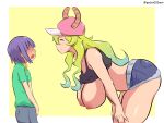  1boy 1girl absurdres age_difference blue_hair breasts bulge closed_eyes erection erection_under_clothes green_hair highres horns kobayashi-san_chi_no_maidragon lucoa_(maidragon) magatsuchi_shouta multicolored_hair nipples onee-shota open_mouth pedro002mot shorts smile 