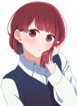  1girl absurdres arima_kana black_sweater_vest blush bob_cut chouchou_aile closed_mouth hand_in_own_hair highres inverted_bob looking_at_viewer oshi_no_ko red_eyes red_hair shirt short_hair simple_background solo sweater_vest upper_body white_background white_shirt 
