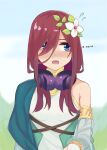  1girl absurdres armpit_crease bare_shoulders blue_eyes blush brown_hair cosplay embarrassed eyebrows_hidden_by_hair flower flying_sweatdrops full-face_blush go-toubun_no_hanayome hair_between_eyes hair_flower hair_ornament hair_over_one_eye headphones headphones_around_neck highres kokkoro_(princess_connect!) kokkoro_(princess_connect!)_(cosplay) kouta(34765766) leaf long_hair looking_to_the_side minase_inori nakano_miku open_mouth princess_connect! simple_background solo sweat upper_body voice_actor_connection white_flower 