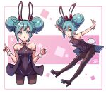  1girl animal_ears aqua_eyes aqua_hair bare_shoulders bicute_bunnies_miku black_pantyhose double_bun doughnut_hair_bun fake_animal_ears hair_bun hatsune_miku highres leotard looking_at_viewer multiple_views necktie pantyhose playboy_bunny rabbit_ears rabbit_tail short_necktie strapless strapless_leotard tail umenodo vocaloid wrist_cuffs 