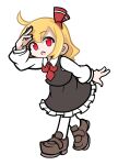  1girl ahoge ascot black_skirt black_vest commentary fang frilled_skirt frills grey_footwear hair_ribbon long_sleeves looking_at_viewer open_mouth parody puyopuyo red_ascot red_eyes red_ribbon ribbon rumia shinmon_akika shirt skirt socks solo style_parody touhou vest white_shirt white_socks 