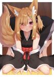  1girl animal_ear_fluff animal_ears bare_shoulders barefoot between_legs black_kimono black_sleeves bow breasts brown_hair collarbone commentary_request detached_sleeves fox_ears fox_girl fox_tail hair_ornament hair_over_one_eye hairclip hand_between_legs highres japanese_clothes kimono long_hair long_sleeves looking_at_viewer obi one_side_up original parted_lips red_bow red_eyes sakuma_hiragi sash sitting sleeveless sleeveless_kimono sleeves_past_wrists small_breasts solo tail wariza wide_sleeves wooden_floor 