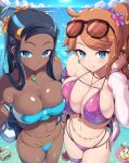  2girls asymmetrical_docking bikini black_hair blue_eyes breast_press breasts closed_mouth dark-skinned_female dark_skin earrings flower green_eyes hair_flower hair_ornament heart heart_hair_ornament high_side_ponytail highres hoop_earrings jewelry kasai_shin large_breasts multiple_girls navel nessa_(pokemon) orange_hair pendant poke_ball poke_ball_(basic) pokemon pokemon_swsh purple_bikini skindentation smile sonia_(pokemon) stomach swimsuit thigh_strap white_bikini 