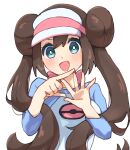  1girl :d blush bow bright_pupils brown_hair commentary double_bun doughnut_hair_bun green_eyes hair_bun hands_up happy highres looking_at_viewer open_mouth pink_bow pokemon pokemon_(game) pokemon_bw2 raglan_sleeves rosa_(pokemon) shirt simple_background smile solo spread_fingers twintails uchiyasa upper_body visor_cap white_background white_pupils 