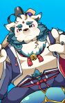  1boy :&lt; agyo_(housamo) aqua_eyes aqua_fur bell belly black_headwear blue_background blue_nails chest_tuft cocoducker dutch_angle english_commentary fingernails furry furry_male hat highres holding_baton japanese_clothes jingle_bell komainu_boy komainu_ears male_focus navel plump pointing red_eyeliner ritual_baton sharp_fingernails short_hair signature simple_background solo tate_eboshi thick_eyebrows tokyo_afterschool_summoners 