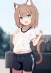  1girl :d absurdres animal_ear_fluff animal_ears black_shorts blue_eyes blurry blurry_background blush breasts brown_hair cat_ears cat_girl cat_tail collarbone commentary_request day depth_of_field fang faucet gym_shirt gym_shorts gym_uniform hair_between_eyes hair_ornament hairclip hands_up highres hinata_(user_rjkt4745) looking_at_viewer midriff_peek navel original outdoors shirt short_sleeves shorts small_breasts smile solo tail white_shirt 