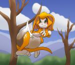  anthro bat blush cloud crossed_arms diaper dust:_an_elysian_tail feces female fidget_(elysian_tail) hanging_from_branch hanging_wedgie hi_res in_tree mammal nimbat outside parumpee plant sky soiling solo stuck teeth tree wedgie 