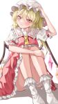  1girl absurdres bare_legs blonde_hair blush closed_mouth crystal flandre_scarlet highres hugging_own_legs knees_up looking_at_viewer maboroshi_mochi red_eyes sitting solo touhou wings 