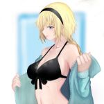  1girl aqua_eyes aqua_jacket bare_shoulders bikini black_bikini black_hairband blonde_hair commentary fate/grand_order fate_(series) fumamaji grin hairband jacket jeanne_d&#039;arc_(fate) long_hair long_sleeves navel off_shoulder open_clothes open_jacket parted_lips smile solo stomach swimsuit upper_body 
