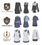  absurdres armband black_bow black_bowtie black_jacket black_necktie black_shorts black_skirt blue_jacket blue_shirt blue_sky bow bowtie cross dress gym_uniform highres ismuth_(bibibibirite) jacket maid necktie no_humans original school_uniform shirt shorts skirt sky tokyo_metropolitan_police_department track_jacket two-tone_shorts white_armband white_background white_dress white_shirt white_shorts 