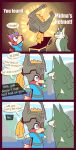  animal_crossing anthro audie_(animal_crossing) breath_of_the_wild canid canine canis comic english_text female fox hair hi_res humor lake link link_(wolf_form) male mammal nintendo ponytail r-mk speech_bubble text the_legend_of_zelda wolf 
