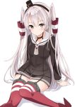  1girl absurdres amatsukaze_(kancolle) arm_support black_dress blush brown_eyes closed_mouth dress fathom grey_hair hair_between_eyes hair_tubes highres kantai_collection long_hair long_sleeves looking_at_viewer red_thighhighs rudder_footwear sailor_collar sailor_dress simple_background solo thighhighs two_side_up white_background white_sailor_collar 