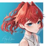  1girl akechi_(akechi_5416) ange_katrina blue_eyes commentary_request earrings hair_intakes hair_ornament hairclip halterneck highres jewelry nijisanji ponytail red_hair shirt short_hair smile solo virtual_youtuber white_shirt 