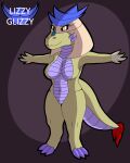  2021 anthro biped breasts claws dragon english_text eyelashes featureless_breasts female hi_res juna_june_(lizzyglizzy) lizzyglizzy nude purple_body purple_claws purple_scales purple_spikes scales scalie smile solo spikes spikes_(anatomy) t-pose tan_body tan_scales text yellow_eyes 