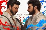  2boys alluri_sitarama_raju beard collared_shirt crossed_arms curly_hair dark-skinned_male dark_skin eye_contact facial_hair from_side hair_slicked_back highres indian komaram_bheem looking_at_another male_focus mature_male multiple_boys partially_unbuttoned pectoral_cleavage pectorals rrr_(movie) shirt short_hair thick_eyebrows thick_mustache upper_body wosara 