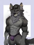  abs anthro barbell_piercing black_body black_fur bulge canid canine canis chin_piercing claws clothed clothing duo ear_piercing edugta_(character) facial_piercing fur grey_body grey_fur hair hat headgear headwear hi_res jockstrap jockstrap_only male mammal multicolored_body multicolored_fur muscular muscular_anthro muscular_male piercing purple_eyes ring_piercing simple_background smile solo standing tail thescraw topless underwear underwear_only wolf 
