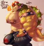  abs absurd_res anthro biceps bottomwear bowser claws clothing collar hair hi_res insanysage koopa male mario_bros meme meme_pose muscular muscular_male nintendo nipple_piercing nipples pants pecs piercing red_eyes red_hair reptile scales scalie shell simple_background solo spikes tail teeth turtle underwear yellow_body yellow_scales yellow_tail 