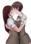  2girls ass blush breast_press breasts brown_hair closed_eyes cowboy_shot dermar from_side glasses hand_on_another&#039;s_arm hand_on_another&#039;s_back hand_on_another&#039;s_neck hand_on_another&#039;s_waist highres hug kiss large_breasts long_hair misuzu_(stainless_night) mole mole_under_mouth multiple_girls neck_ribbon profile puffy_short_sleeves puffy_sleeves red_hair red_ribbon ribbon round_eyewear sayaka_(stainless_night) school_uniform shirt short_hair short_sleeves side_slit sidelocks simple_background skirt stainless_night standing straight_hair white_background white_shirt yuri 