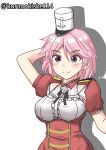 1girl armpit_cutout breasts clothing_cutout cowboy_shot frilled_shirt frills giuseppe_garibaldi_(kancolle) hat highres kantai_collection kurano_kisuke large_breasts military military_uniform mini_hat one-hour_drawing_challenge pink_eyes pink_hair red_shirt shirt short_hair simple_background smile solo twitter_username uniform white_background 