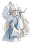  1girl blonde_hair blue_dress blue_flower blue_hair cleavage_cutout clothing_cutout curly_hair dress flower grey_eyes hair_flower hair_ornament hair_over_one_eye hand_up heart high_collar isekai_joucho juliet_sleeves kamitsubaki_studio light_smile long_hair long_sleeves looking_at_viewer lying multicolored_hair nekoreito nemophila_(flower) open_mouth puffy_sleeves shrug_(clothing) simple_background solo streaked_hair upper_body very_long_hair virtual_youtuber white_background white_sleeves 