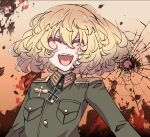  1girl blonde_hair cross facing_viewer green_jacket hal_(goshujinomocha) iron_cross jacket long_sleeves military military_jacket military_uniform open_clothes open_mouth smile solo tanya_degurechaff teeth tongue uniform upper_body upper_teeth_only wavy_hair youjo_senki 