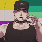  1boy akumicke armpit_hair armpit_hair_peek bara baseball_cap black_nails black_tank_top cigarette collar earrings flag_background gay_male_pride_flag goatee_stubble hand_up hat highres jewelry large_pectorals male_focus mature_male mole mole_under_eye muscular muscular_male nose_piercing nose_ring original pectoral_cleavage pectorals piercing short_hair sideburns solo spiked_collar spikes tank_top thick_eyebrows upper_body 
