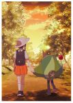  1girl amiebi backpack bag border braid brown_bag brown_hair commentary_request from_behind grass hat highres holding_hands juliana_(pokemon) kneepits ogerpon orange_shorts outdoors pokemon pokemon_(creature) pokemon_(game) pokemon_sv school_uniform shirt shoes short_sleeves shorts socks standing tree white_border 