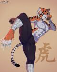  abs annoyed anthro asian_clothing bandage bandaged_arm bandaged_chest black_body black_fur black_markings black_nose bottomwear breasts butt chinese_clothing cjk_character claws clothed clothing digital_media_(artwork) dreamworks east_asian_clothing felid feline female fur hi_res jxzuke kung_fu_panda looking_at_viewer mammal markings master_tigress multicolored_body multicolored_fur muscular muscular_female narrowed_eyes orange_body orange_fur pantherine pants pawpads raised_leg red_eyes simple_background solo striped_body striped_fur stripes tail thick_thighs tiger topwear watermark white_body white_fur yellow_sclera 