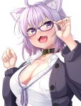  1girl :3 :d ahoge animal_ear_fluff animal_ears blush breasts cat_ears cat_girl cleavage collared_shirt glasses hiden_(takanori) highres hololive jacket large_breasts looking_at_viewer medium_hair naked_shirt nekomata_okayu nekomata_okayu_(4th_costume) official_alternate_costume open_mouth purple-framed_eyewear purple_eyes purple_hair purple_jacket shirt smile solo unbuttoned unbuttoned_shirt virtual_youtuber white_background white_shirt 