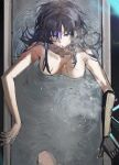  1girl absurdres angelia_(girls&#039;_frontline) bathing bathtub black_hair blueblossom cigarette commentary english_commentary girls&#039;_frontline highres long_hair looking_at_viewer looking_up mechanical_arms nude parted_lips partially_submerged prosthesis prosthetic_arm scar scar_on_chest solo water 