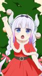  1girl :o absurdres arm_up black_hairband blue_eyes blunt_bangs capelet clenched_hand commentary dragon_girl dragon_horns dress fur_trim hairband highres horns kanna_kamui kobayashi-san_chi_no_maidragon light_purple_hair long_hair looking_at_viewer low_twintails namagaki-san open_mouth red_capelet red_dress santa_costume sidelocks solo tree twintails 