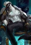  anthro black_body blue_eyes cetacean claws clothed clothing dolphin finger_claws hair hi_res juliathedragoncat male mammal marine muscular muscular_male nipples oceanic_dolphin orca solo toothed_whale white_hair 