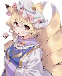  1girl animal_ears blonde_hair blush dress fang fox_ears fox_tail hair_between_eyes hands_in_opposite_sleeves hat highres masanaga_(tsukasa) mob_cap multiple_tails open_mouth short_hair simple_background solo tabard tail touhou upper_body white_background white_dress white_headwear wide_sleeves yakumo_ran yellow_eyes 
