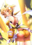  1girl absurdres ass breasts brown_hair from_behind headphones highres juan_0121 looking_back medium_breasts orange_eyes senki_zesshou_symphogear shorts signature smile tachibana_hibiki_(symphogear) 