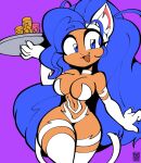  2023 animal_humanoid beverage blue_eyes blue_hair breasts capcom claws darkstalkers felicia_(darkstalkers) felid felid_humanoid feline feline_humanoid female fur hair humanoid jek_korpen long_hair mammal mammal_humanoid open_mouth open_smile simple_background smile solo tan_body tan_skin white_body white_fur 