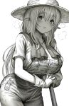  1girl absurdres blush breasts elf gibagiba gloves greyscale hat highres large_breasts long_hair looking_at_viewer monochrome original overalls parted_lips pointy_ears shirt short_sleeves solo sun_hat 