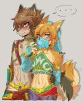  2023 absurd_res altern015 alternate_species anthro anthrofied armwear blonde_hair blue_eyes blush breath_of_the_wild brown_hair canid canine canis claws clothed clothing crossdressing duo ear_piercing ear_ring ellipsis fur furrification gerudo_outfit girly hair hand_on_hip hi_res link link_(wolf_form) male male/male mammal navel nintendo piercing ring_piercing signature simple_background speech_bubble square_crossover the_legend_of_zelda twilight_princess veil white_body white_fur wolf yellow_body yellow_fur 