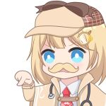  1girl blonde_hair blue_eyes bow bright_pupils brown_headwear chibi coat collared_shirt deerstalker fake_facial_hair fake_mustache hair_ornament hat hat_bow hololive hololive_english monocle_hair_ornament multicolored_clothes multicolored_headwear necktie open_mouth pointing red_necktie shirt short_hair short_necktie solo stethoscope upper_body virtual_youtuber watson_amelia watson_amelia_(1st_costume) white_pupils white_shirt yellow_coat zephylyne 
