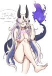  1girl arknights barefoot breasts commentary_request eblana_(arknights) fangs_(fangs_art) flame-tipped_tail hair_censor horns knee_up large_breasts long_hair nude simple_background sitting solo tail very_long_hair white_background white_hair 